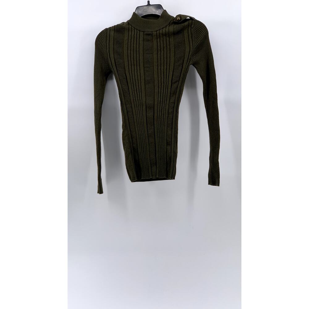 L.O.G.G. Women's Olive Green Ribbed Tab-Button Long Sleeve Turtleneck Top SZ XS
